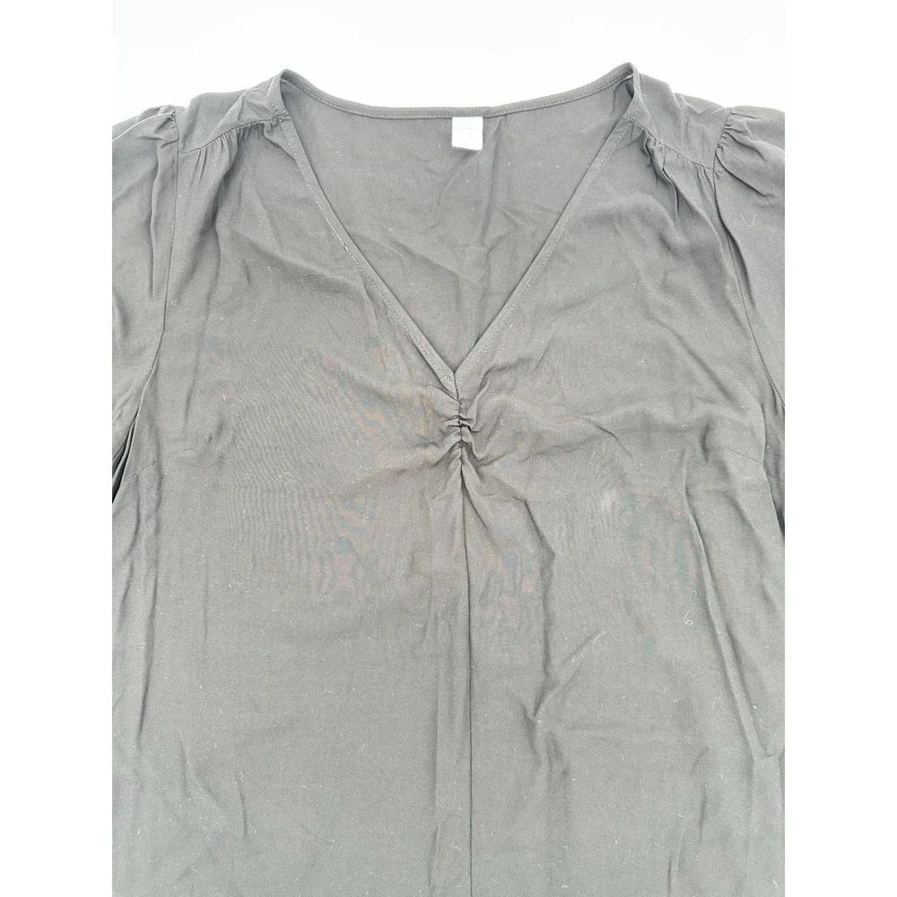 Old Navy Black Cinch Top L Puff Sleeve V Neck Blouse Minimalist Casual Office